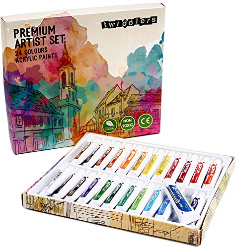 24 Pintura Acrílica, 24 Colores (12ml/Tubo)| Cristal Pared Papel Madera Tela Lienzo Cerámica| No Tóxico, Se Mezcla Fácilmente, Pigmento Rico, Colores Brillantes| Niños Adultos Profesional Artistas.
