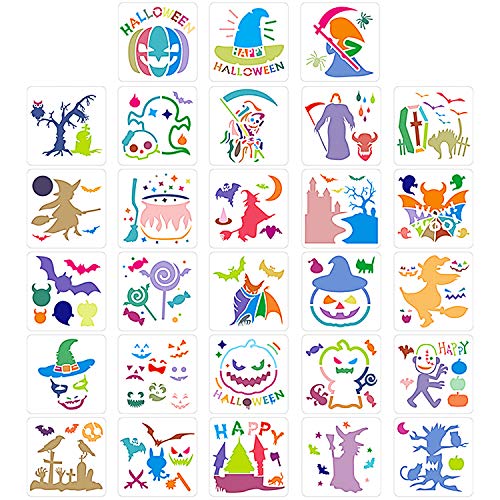 28 Piezas Conjunto de Plantillas de Halloween Plantilla de Calabaza Grande Diseños de Halloween Bricolaje 5,1 x 5,1 Pulgadas Plantilla de Pintura Plástica Reutilizable para Pulverización sobre Papel