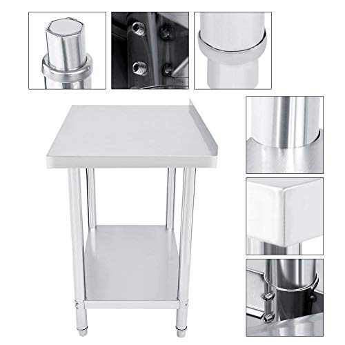 2FT/3FT/4FT Mesa de trabajo de cocina de acero inoxidable para bricolaje, mesa de trabajo profesional con borde de 2 estantes, mesa de trabajo de preparación para cocina y garaje 91X61CM