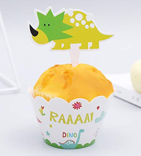 36PCS Dinosaurio Cupcake Topper de Tarta Magdalenas Decoración y Doble Cara Cupcake Wrappers Pasteleria y Reposteria Decoracion para Niños Infantiles Fiestas de Cumpleaños Decoración Suministros