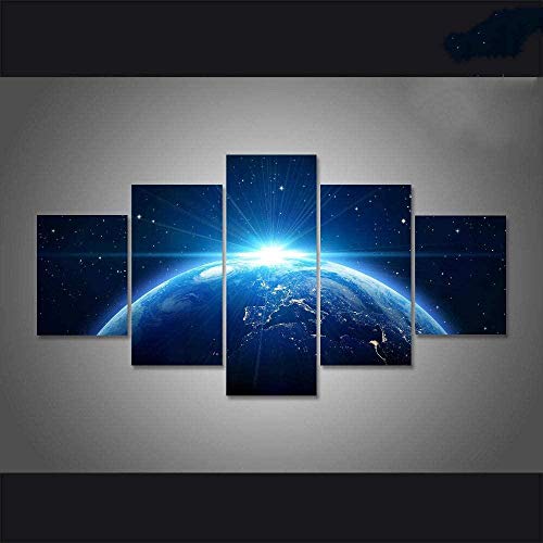 5 paneles de arte de pared Cuadro compuesto por 5 lienzos impresos en HD, utilizados para decoración del hogar y carteles (enmarcados) Gran Paisaje de la Tierra Azul de la Vía Láctea