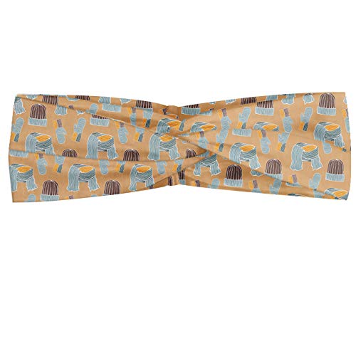 ABAKUHAUS Diadame Invierno, Banda Elástica y Suave para Mujer para Deportes y Uso Diario Repetitivo tramado dibujado a mano Pañuelos de temporada mitones y sombreros Imprimir, Pastel Marrón Azul Gris