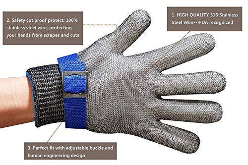 ACCE Guantes Anticorte Seguridad Corte Prueba puñalada Resistente Acero Inoxidable de Malla metálica Carnicero Guante de Color Azul Nivel 5 (M)