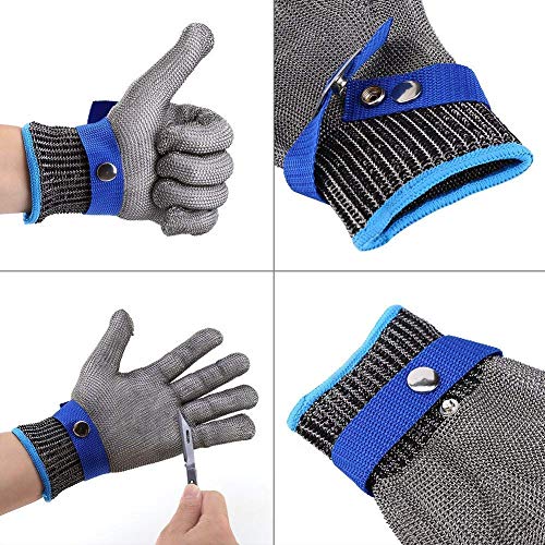 ACCE Guantes Anticorte Seguridad Corte Prueba puñalada Resistente Acero Inoxidable de Malla metálica Carnicero Guante de Color Azul Nivel 5 (M)