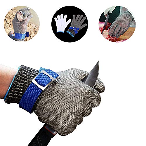 ACCE Guantes Anticorte Seguridad Corte Prueba puñalada Resistente Acero Inoxidable de Malla metálica Carnicero Guante de Color Azul Nivel 5 (M)