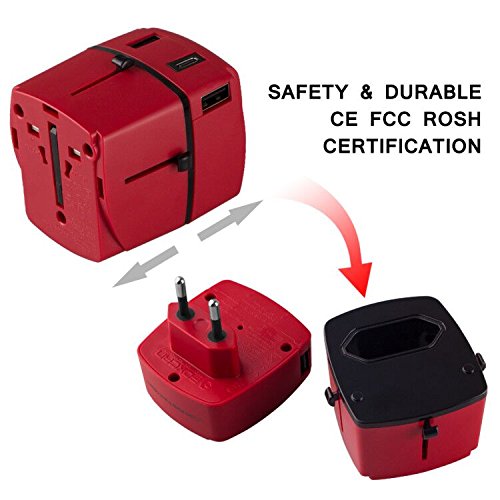 Adaptador de viaje, Milool Cargador 3 Puertos USB Y Tipo-C , Adaptador Enchufe Viaje Universal Con Fusible de Corriente 8A y 3A para EU, USA, AU, Ingles, AUS y más de 150 países (rojo)