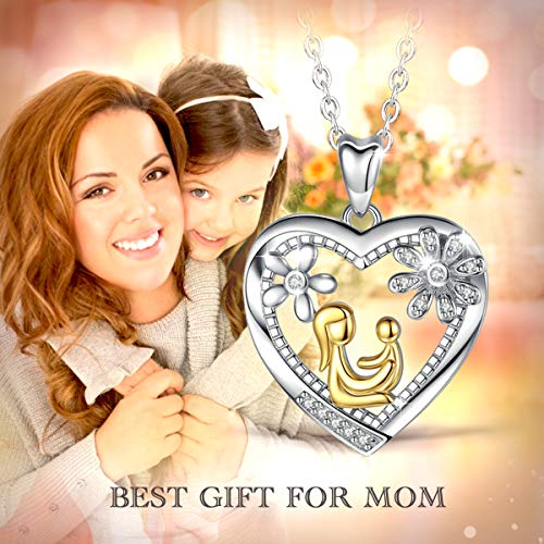AEONSLOVE Collar Oro Bicolor Plata de ley 925 con Circonita"Mamá abraza al niño" Flor Corazón Colgante Cadena
