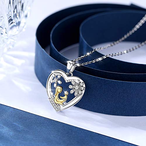 AEONSLOVE Collar Oro Bicolor Plata de ley 925 con Circonita"Mamá abraza al niño" Flor Corazón Colgante Cadena