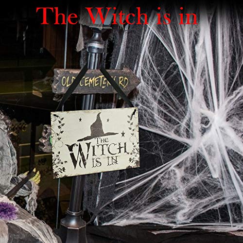 AFASOES Placa Halloween Placa de Madera Placa para Colgar en Puertas Decoración de Halloween con el Dibujo de Gorro de Bruja y el Texto en Inglés "The Witch Is In" para pared Bar Hogar 26x18x0.5cm