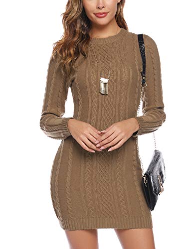 Aibrou Vestido de Punto Cuello Redondo para Mujer,Elegante Vestido de Suéter Manga Larga Elástico Delgado Clásico