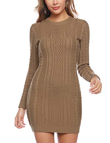 Aibrou Vestido de Punto Cuello Redondo para Mujer,Elegante Vestido de Suéter Manga Larga Elástico Delgado Clásico