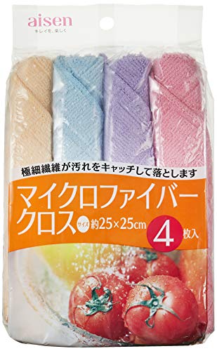 Aisen Fukin Pink Yellow Purple Blue 25×25cm Microfiber Cloth Extra-Fine Fiber Only Water Drops Stains Kitchen Sink Water Stain Oil Stain Refresh KFS25 4 Pieces 1 Set