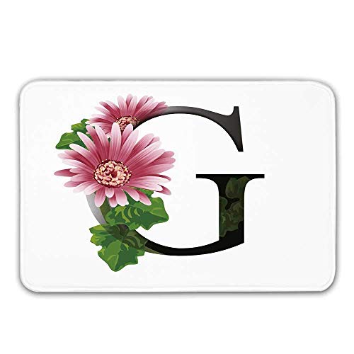 Alfombra de Puerta Antideslizante, Letra G, Letra del Alfabeto con Flor de Gerbera floreciente y Felpudo Decorativo con Fuente G Inspirado en la Puerta Delantera Alfombra de baño Interior