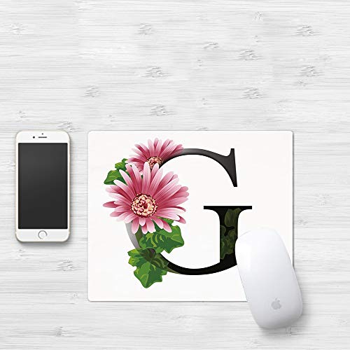 Alfombrilla para ratón 32x 25 cm,Letra G, letra del alfabeto con flor de gerbera floreciente y fuente inspirada ,Goma Impermeable Cojín de Ratón Antideslizante Mousepad para Ordenador Portátil Oficina