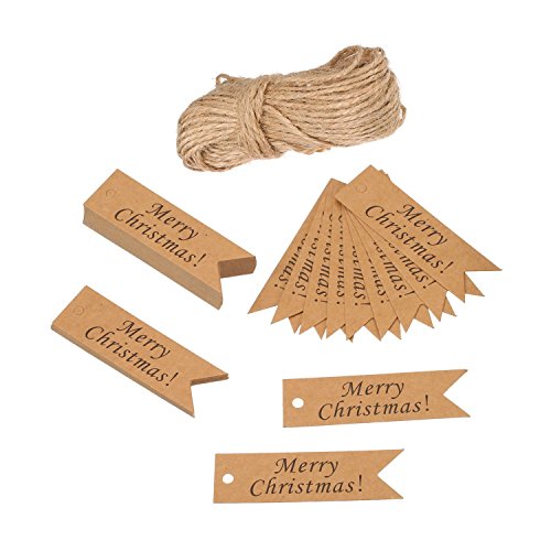 Amaza 150pcs Etiquetas de Papel Kraft 7cm x 2cm Gift Tags Navidad Regalos con 30m Cordel de Yute Navidad Decoracion Arbol (Marrón)