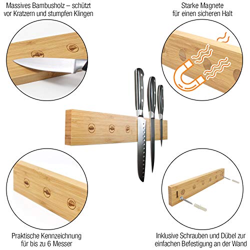 Amazy - Listón magnético para cuchillos + 15 etiquetas de tiza – Práctica barra magnética de madera de bambú maciza para un almacenamiento seguro de sus cuchillos de cocina sin cuchillos