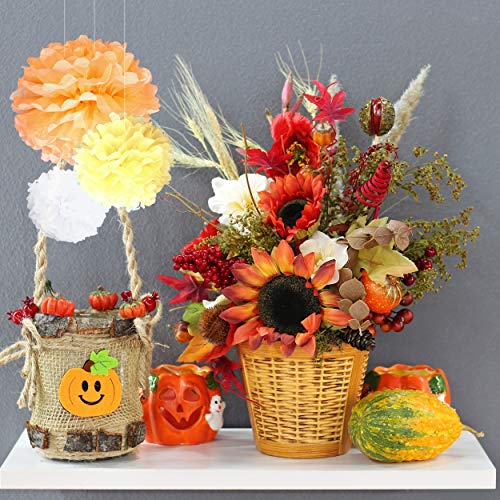 AMPALS - Pack exclusivo de 18 piezas para decoración de fiesta de cumpleaños, boda, bautizo, 9 pompones de papel de seda amarillo,naranja y blanco, tamaños 20,25,30 cm y 9 globos de bálsamo