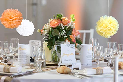 AMPALS - Pack exclusivo de 18 piezas para decoración de fiesta de cumpleaños, boda, bautizo, 9 pompones de papel de seda amarillo,naranja y blanco, tamaños 20,25,30 cm y 9 globos de bálsamo