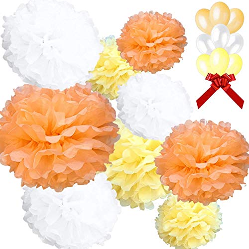 AMPALS - Pack exclusivo de 18 piezas para decoración de fiesta de cumpleaños, boda, bautizo, 9 pompones de papel de seda amarillo,naranja y blanco, tamaños 20,25,30 cm y 9 globos de bálsamo