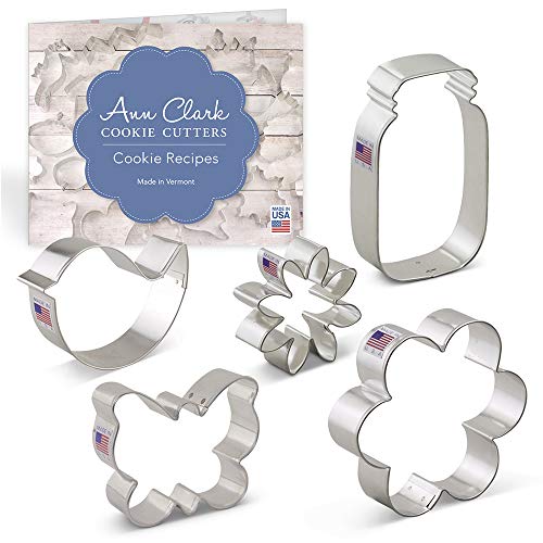 Ann Clark Cookie Cutters Juego de 5 cortadores de galletas flor/jardín con libro de recetas, mariposa, pájaro, flor, margarita y tarro