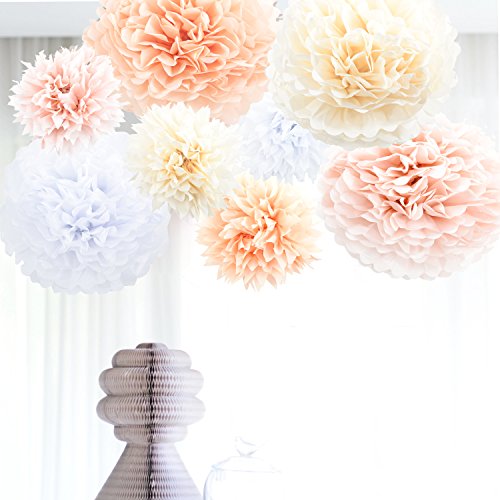 Anokay Set 8 Pompones Bolas Hermosas de Flores de Color Blanco Rosa Almendra Champán - Flores de Papel para la Decoración de Cumpleaños Bodas Navidad Bautizo Jardín Baby Shower Butizar Fiesta