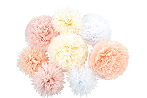 Anokay Set 8 Pompones Bolas Hermosas de Flores de Color Blanco Rosa Almendra Champán - Flores de Papel para la Decoración de Cumpleaños Bodas Navidad Bautizo Jardín Baby Shower Butizar Fiesta