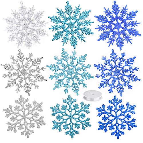 Anyasen 36 Piezas Copos de Nieve para Árbol de Navidad Adornos Plásticos de Copo de Nieve Copo de Nieve Colgante Purpurina Decoración para Árbol de Navidad Decoración de Fiesta de Navidad, 4 Colores