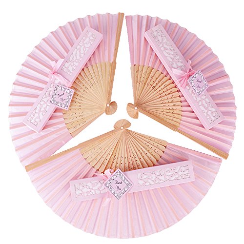 AONER 20pcs Abanico Rosa de Boda Plegable de Mano Tela Regalo Recuerdo Detalle para Invitados de Boda Fiesta o Baile Arte Madera con Caja Papel para Guardar (Abanico Rosa + Caja Rosa)