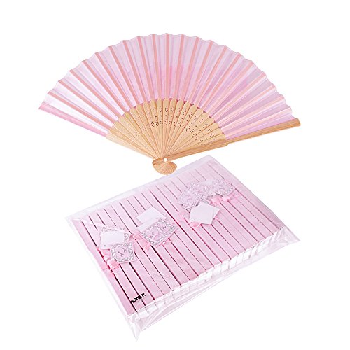 AONER 20pcs Abanico Rosa de Boda Plegable de Mano Tela Regalo Recuerdo Detalle para Invitados de Boda Fiesta o Baile Arte Madera con Caja Papel para Guardar (Abanico Rosa + Caja Rosa)