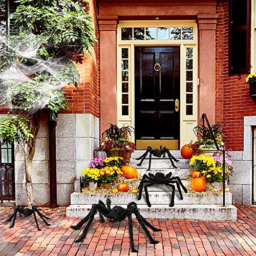 Arañas Halloween, Decoraciones de Halloween Casa con 4 Piezas Arañas gigante (90 /75 /60 /50cm ) + 10 ㎡ Telaraña + Telarañas estirables + 20 mini Arañas, Halloween Terror Decor de Fiesta Exteriores