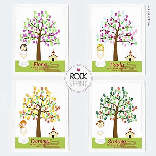 Árbol huellas Niña iglesia Comunión. Personaliza vestido, pelo y ojos. Incluye marco y tintas a elegir. Original cuadro de huellas. Recuerdo de invitados. Árbol de la vida