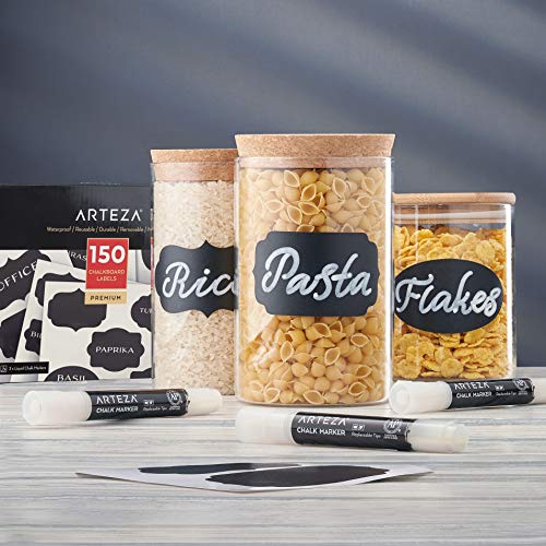 Arteza Etiquetas adhesivas para frascos + 3 Rotuladores de tiza blancos | Impermeables y extraíbles | Pegatinas de pizarra para tarros de cristal