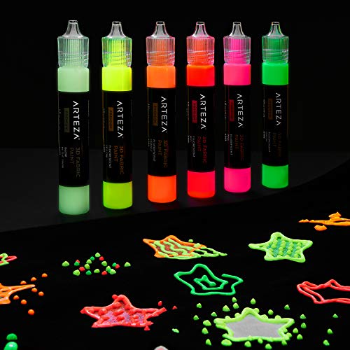 ARTEZA Pintura textil 3D | Juego de 60 tubos de 29 ml | Pinturas para tela | Colores fosforescentes, metálicos y brillantes | Ideales para pintar ropa, accesorios, cerámicas y vidrio