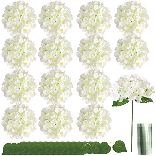 Auihiay 15 piezas de hortensias de seda flores artificiales con hojas gemelas y tallos para decoración del hogar, bodas y fiestas (marfil)