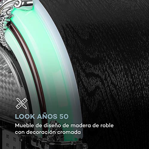auna Arizona Jukebox Wood Edition - Equipo estéreo Vintage, Reproductor de CD con MP3, Radio FM , 2W de Potencia Media, Bluetooth, Luz LED, Puerto USB, SD, Madera de Roble Negra
