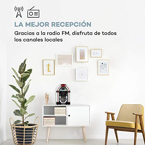 auna Arizona Jukebox Wood Edition - Equipo estéreo Vintage, Reproductor de CD con MP3, Radio FM , 2W de Potencia Media, Bluetooth, Luz LED, Puerto USB, SD, Madera de Roble Negra