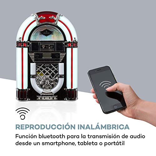 auna Arizona Jukebox Wood Edition - Equipo estéreo Vintage, Reproductor de CD con MP3, Radio FM , 2W de Potencia Media, Bluetooth, Luz LED, Puerto USB, SD, Madera de Roble Negra