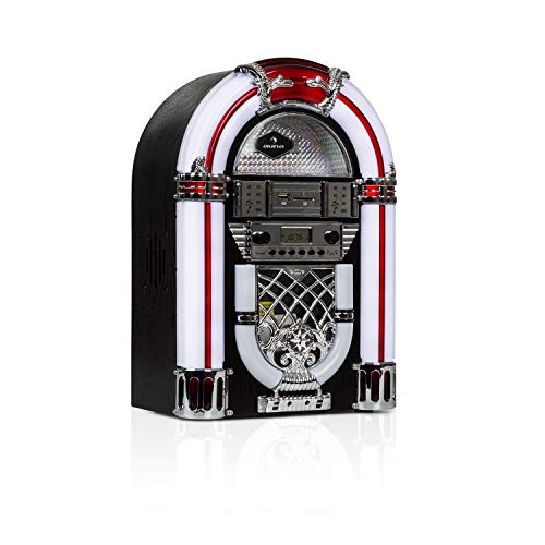 auna Arizona Jukebox Wood Edition - Equipo estéreo Vintage, Reproductor de CD con MP3, Radio FM , 2W de Potencia Media, Bluetooth, Luz LED, Puerto USB, SD, Madera de Roble Negra