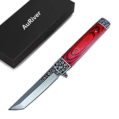 AuRiver Navaja Plegable, Navaja de Acero Inoxidable de Bolsillo con Mango de Madera y Metal, Adecuado para Acampar,Picnic,Caza (Red)
