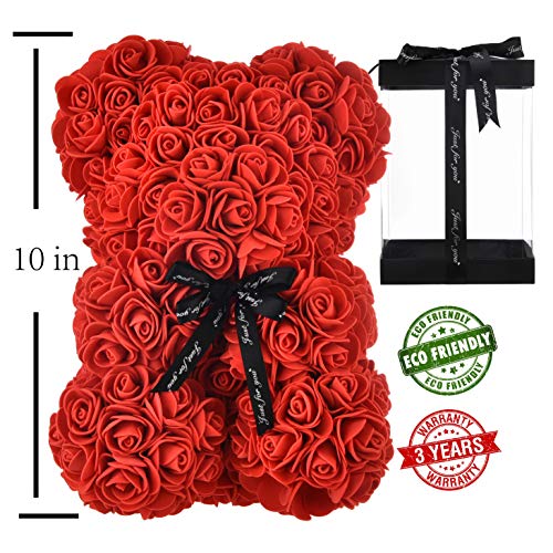 AZXU Oso Rosa - Oso de Peluche Rosa en Cada Oso Rosa - Oso de Flores Aniversario, Oso Rosa, Madres, Oso de Peluche Rosa. - ¡Caja de Regalo Transparente incluida! 10 Pulgadas (Red)