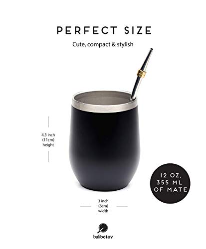BALIBETOV - Nuevo - Set de Mate Calabaza Moderna para Yerba Mate - Pared Doble de Acero Inoxidable 18/8 - Incluye Dos Bombillas y un Cepillo de Limpieza (Negro, 355 ml)