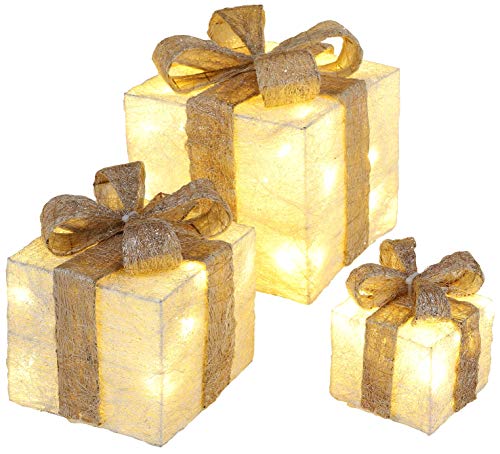 ¡Bambelaa! Cajas de Regalo Led Decoración con Luz - Set de 3 incl. Función Temporizador - Decoración Navideña Decoración Navideña Iluminación (Oro)