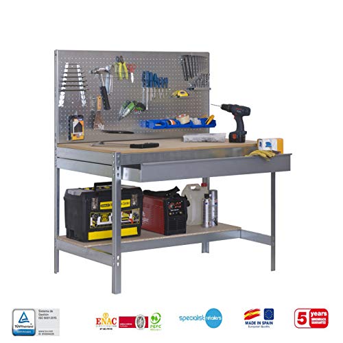 Banco de trabajo BT2 con cajón Simonwork Galva/Madera Simonrack 1445x1210x610 mms - Banco de trabajo con panel - mesa de bricolaje 600 Kgs de capacidad por estante