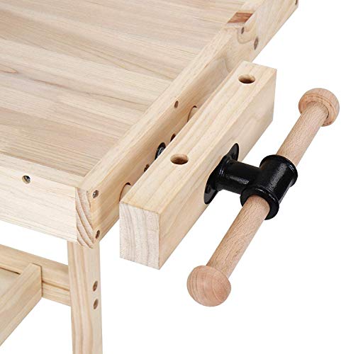 Banco de trabajo de madera de pino, con cajón y estante, 2 abrazaderas, 4 peldaños, carga máxima 200 kg – Mesa de Falegname, de taller