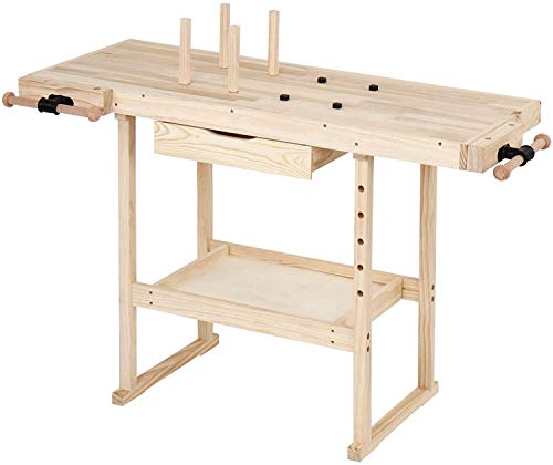 Banco de trabajo de madera de pino, con cajón y estante, 2 abrazaderas, 4 peldaños, carga máxima 200 kg – Mesa de Falegname, de taller