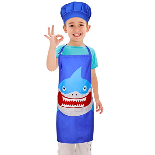 Beinou - Delantal infantil ajustable con 2 bolsillos, diseño de unicornio y tiburón