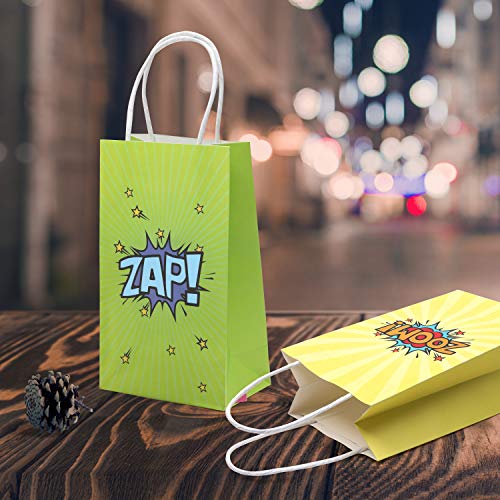BELLE VOUS Bolsas Superhéroes Bolsas de Papel para Regalos (24 Piezas) - (15,6 x 8 x 21,5 cm) 4 Diseños Bolsas Fiestas Verde, Azul, Rosa, Amarillo Bolsa Papel con Asa Cumpleaños Regalo