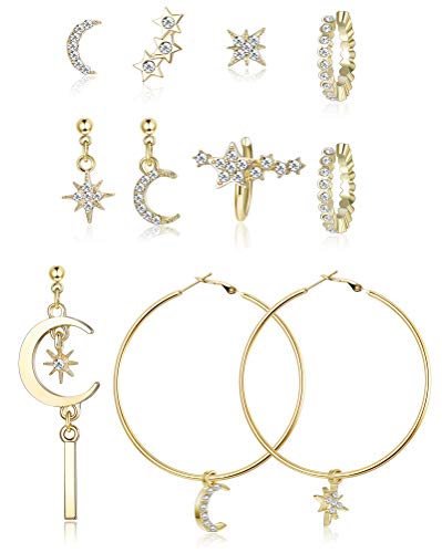 Besteel Pendientes Luna y Estrella para Mujeres Niña Circoniña Pendientes Aros Grandes Brillante Moda Stud Pendientes Joyería de Moda Regalo de Cumpleaños Dorado