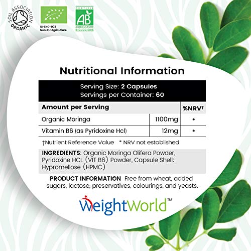 Bio Moringa Oleifera Orgánica Pura Alta Dosis 1112 mg - Antiflamatorio natural y Antioxidante, Activa Sistema Inmune, Aumenta Energía y Metabolismo, Con Vitamina B6, Mejora Digestión, 120 Cápsulas