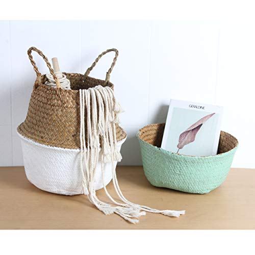 BlueMake Cesta de Almacenamiento Plegable de Mimbre Natural Tejida a Mano (Grande, Blanco)